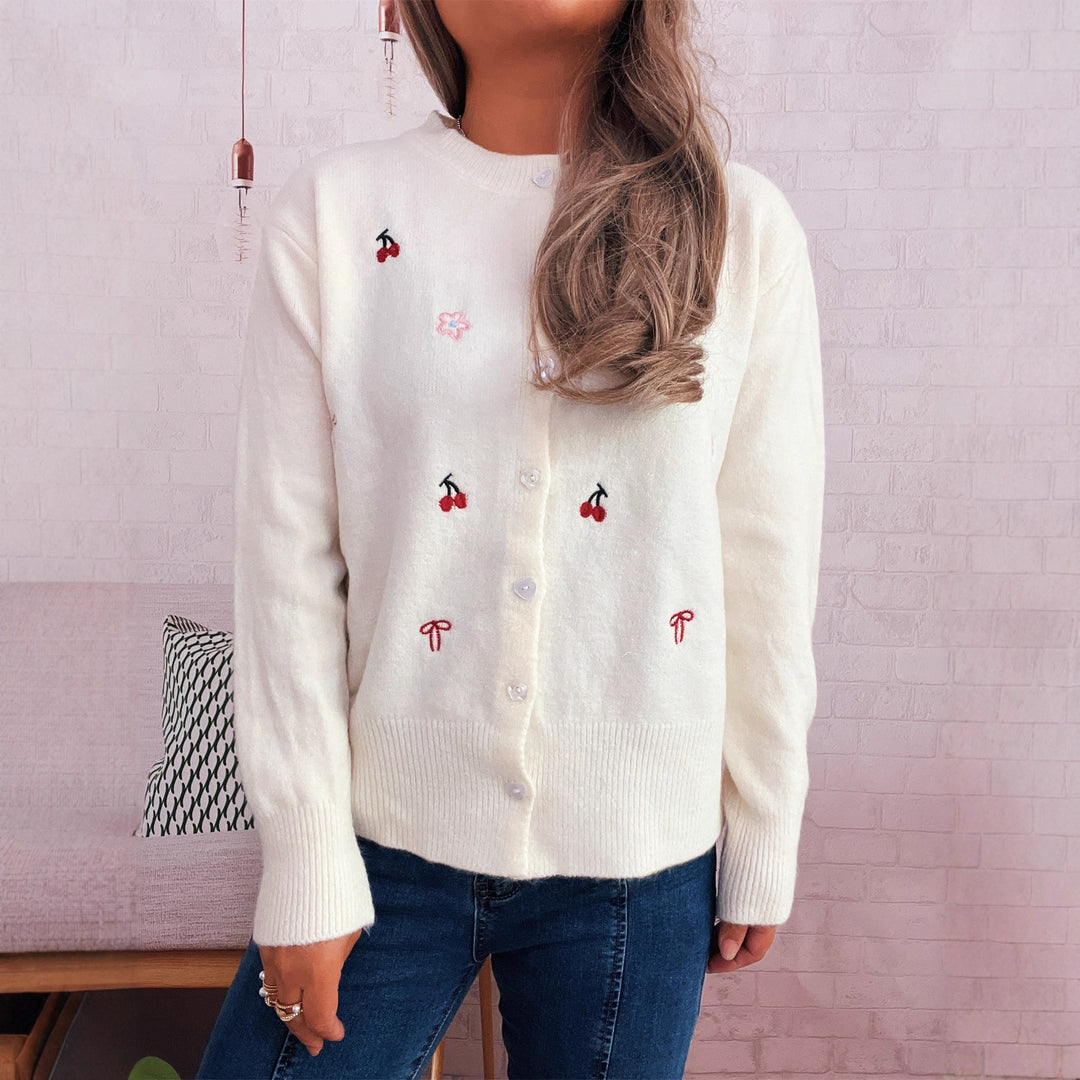 Damsk cardigan med kärleksfull blom- och körsbärsdesign Eva Jonsson-Eva Jonsson