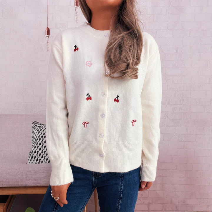 Damsk cardigan med kärleksfull blom- och körsbärsdesign Eva Jonsson-Eva Jonsson