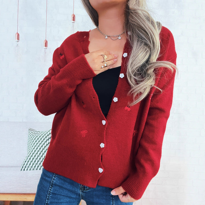 Damsk cardigan med kärleksfull blom- och körsbärsdesign Eva Jonsson-Eva Jonsson