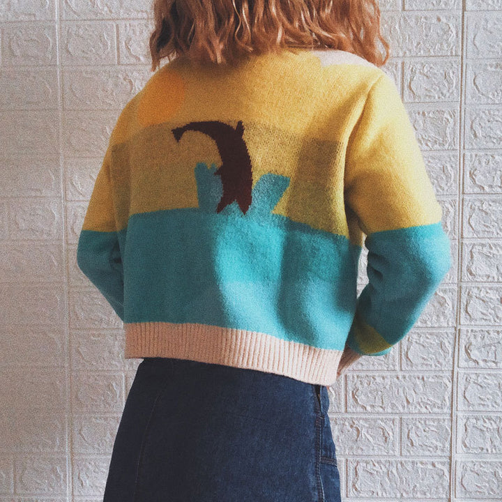Damsk cardigan med lekfullt mönster och modern färgövergång Mirla-Eva Jonsson
