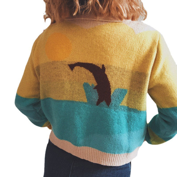 Damsk cardigan med lekfullt mönster och modern färgövergång Mirla-Eva Jonsson
