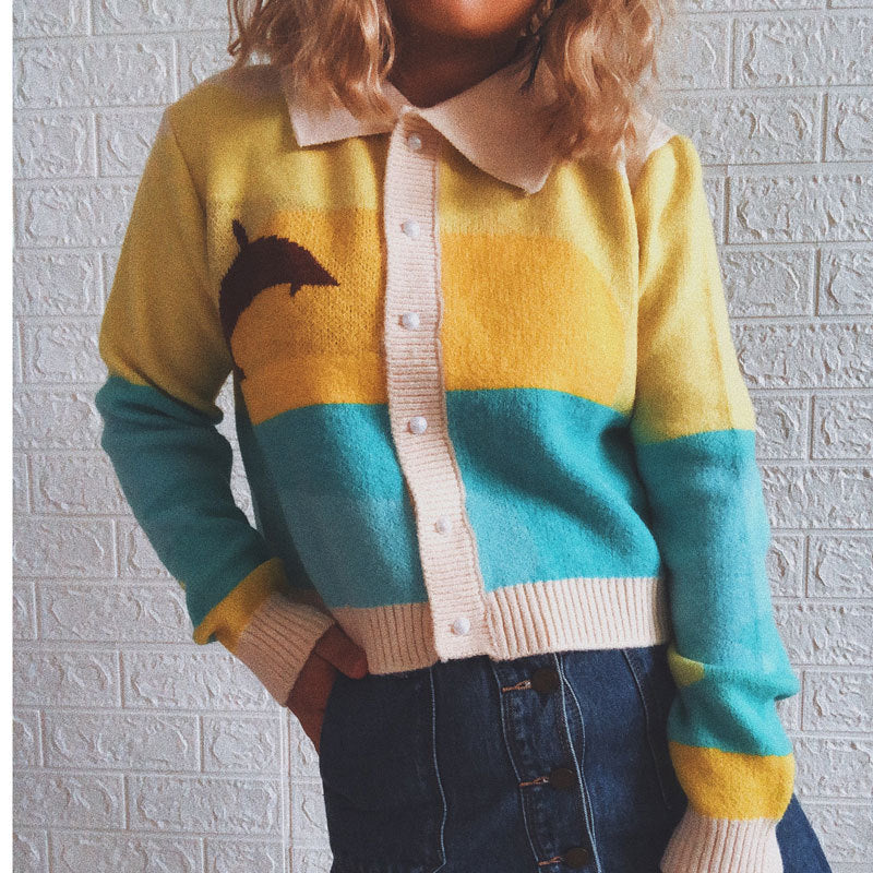 Damsk cardigan med lekfullt mönster och modern färgövergång Mirla-Eva Jonsson