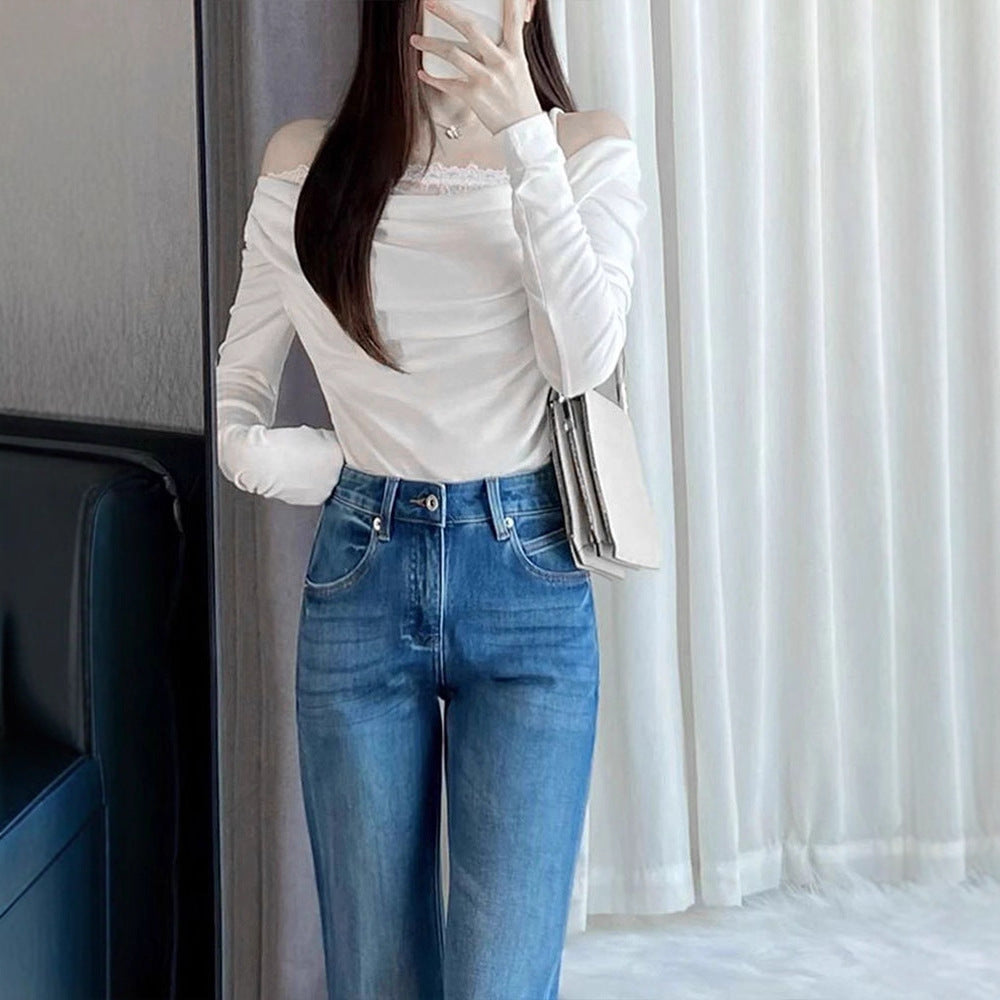 Damsk långärmad blus med asymmetrisk utringning och elegant drapering Mirla-Eva Jonsson