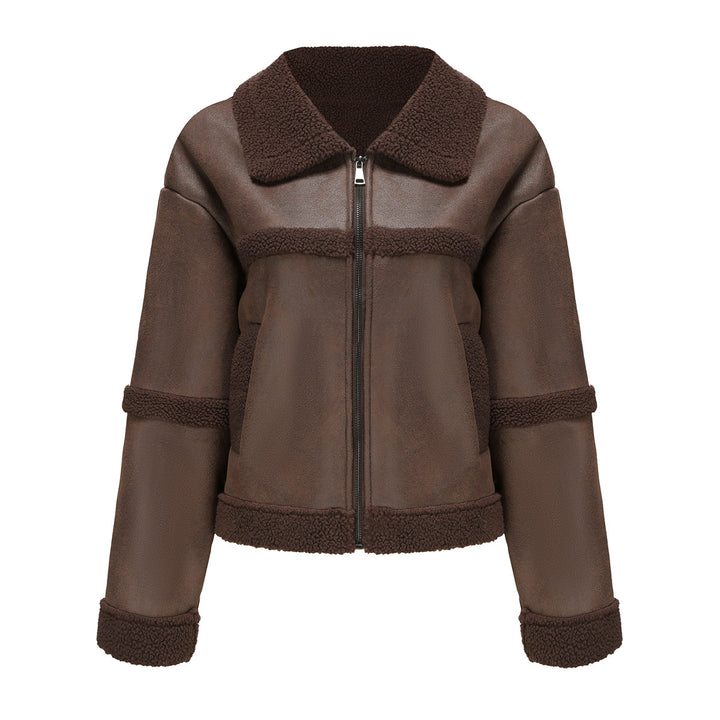 Damsk mode konstläderjacka med teddyfleece-foder och elegant krage Eva Jonsson-Eva Jonsson
