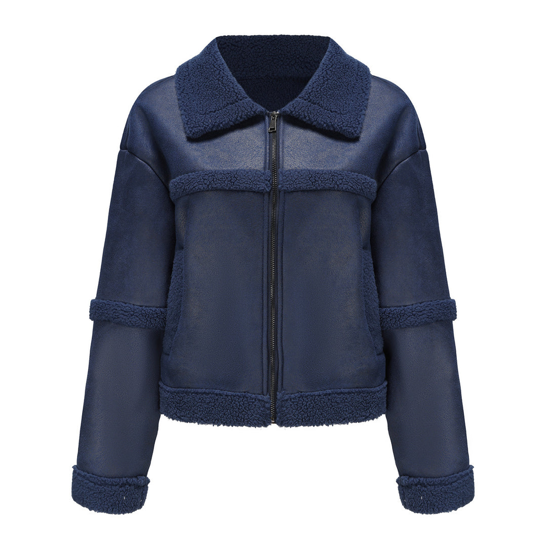 Damsk mode konstläderjacka med teddyfleece-foder och elegant krage Mirla-Eva Jonsson