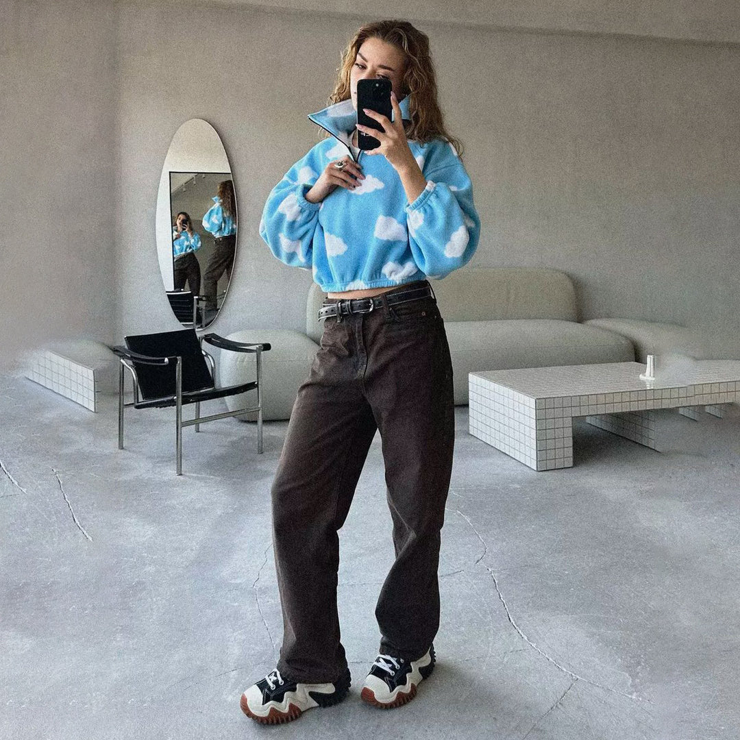 Damsk mysig fleece-tröja med molnmönster Mirla-Eva Jonsson