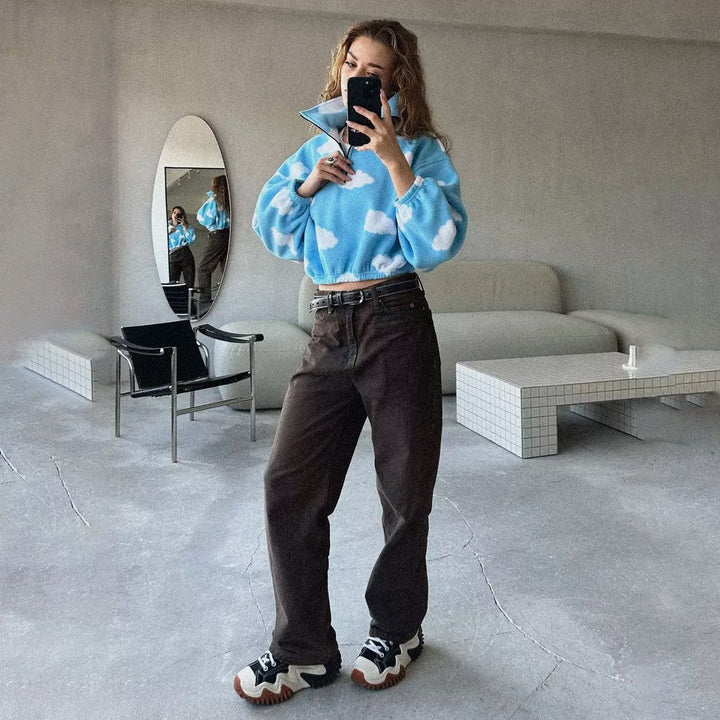 Damsk mysig fleece-tröja med molnmönster Mirla-Eva Jonsson