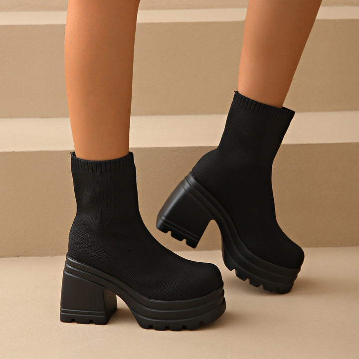 Damska Chunky Stövletter med hög klack och flexibel stickad design Mirla-Eva Jonsson