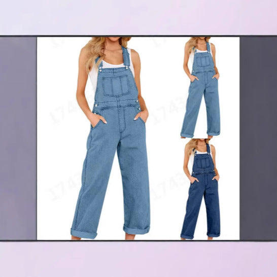 Damska avslappnad denim hängslen byxor med praktiska fickor och vida ben Mirla-Eva Jonsson