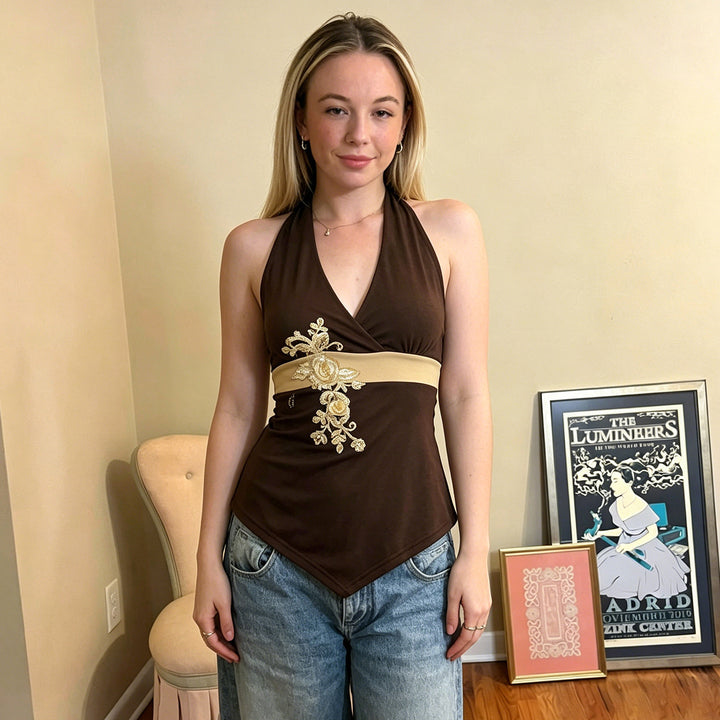 Damska baddräkt med elegant blommig broderi och halterneck Mirla-Eva Jonsson