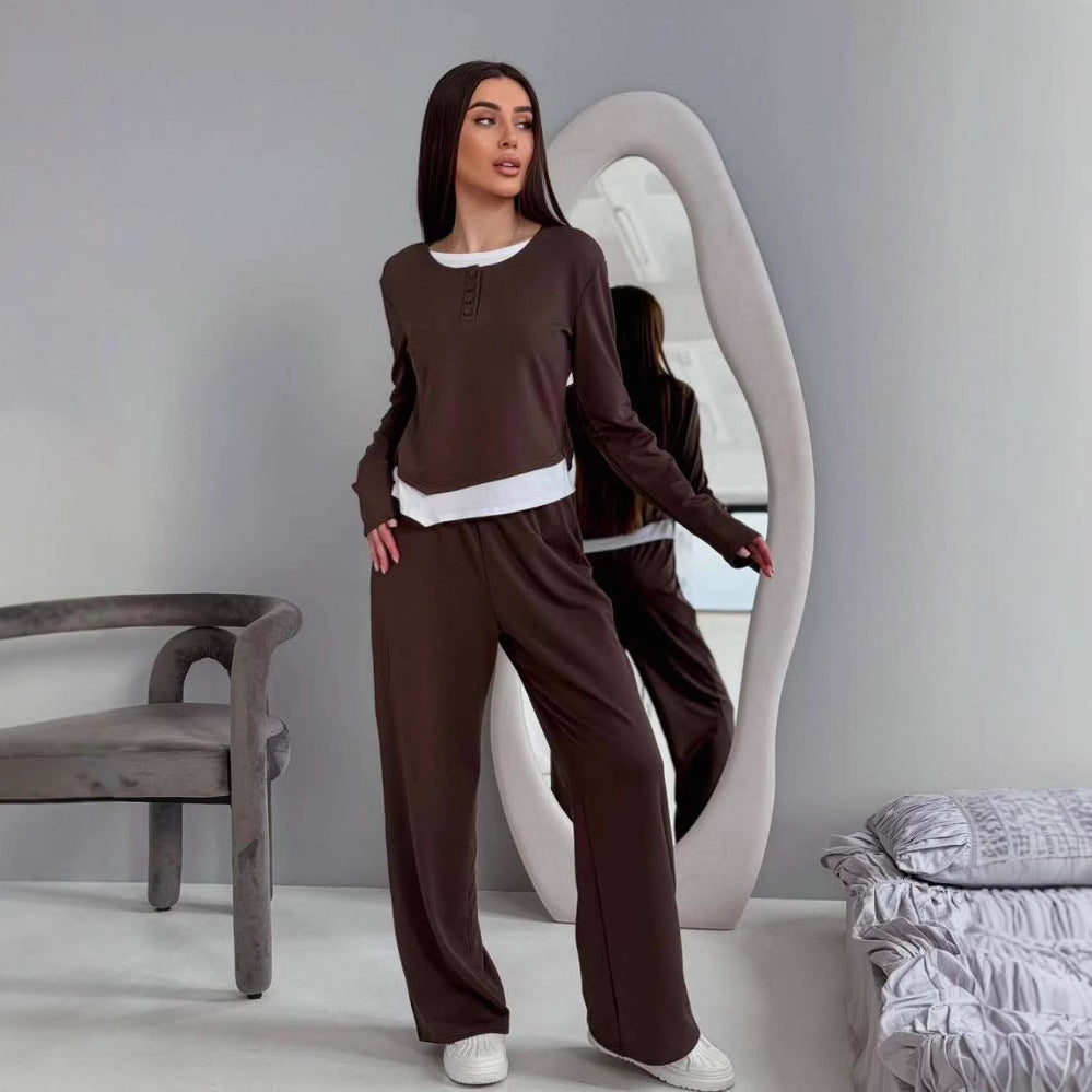 Damska loungewear-set med elegant Henley-överdel och löst snitt Mirla-Eva Jonsson