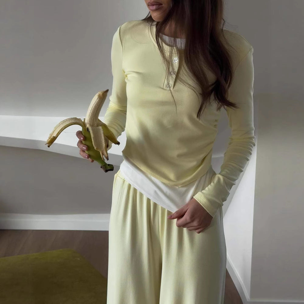 Damska loungewear-set med elegant Henley-överdel och löst snitt Mirla-Eva Jonsson