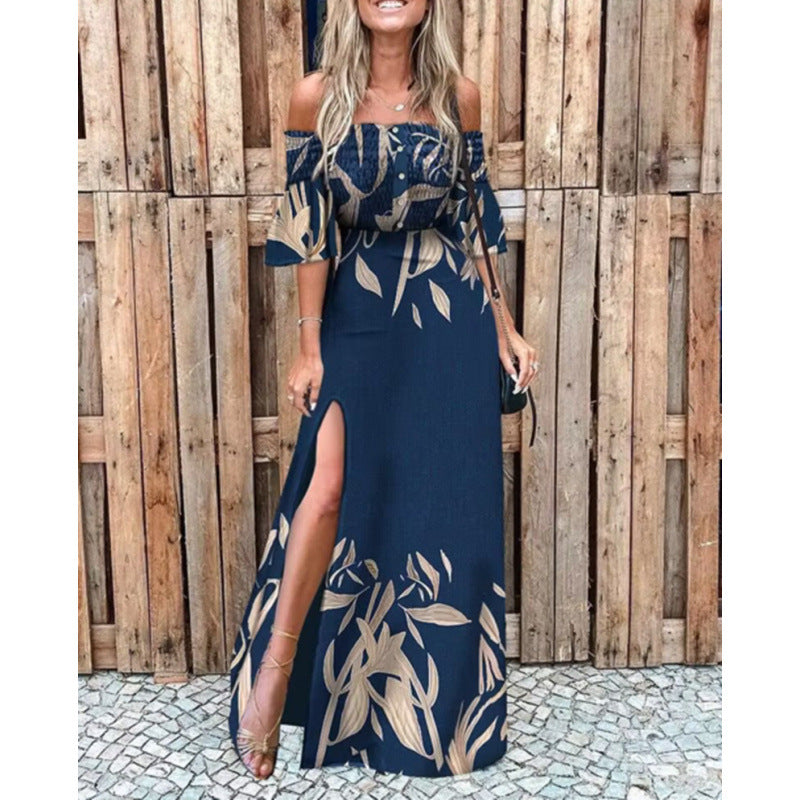 Damska maxikjol med off-shoulder design och eleganta blommönsterdetaljer Mirla-Eva Jonsson