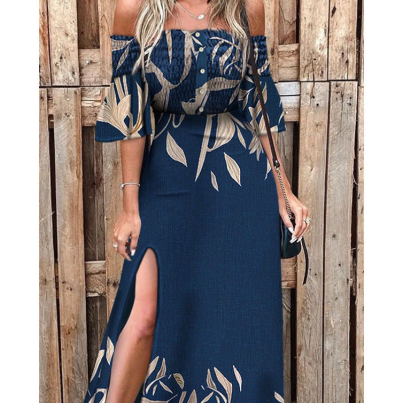 Damska maxikjol med off-shoulder design och eleganta blommönsterdetaljer Mirla-Eva Jonsson