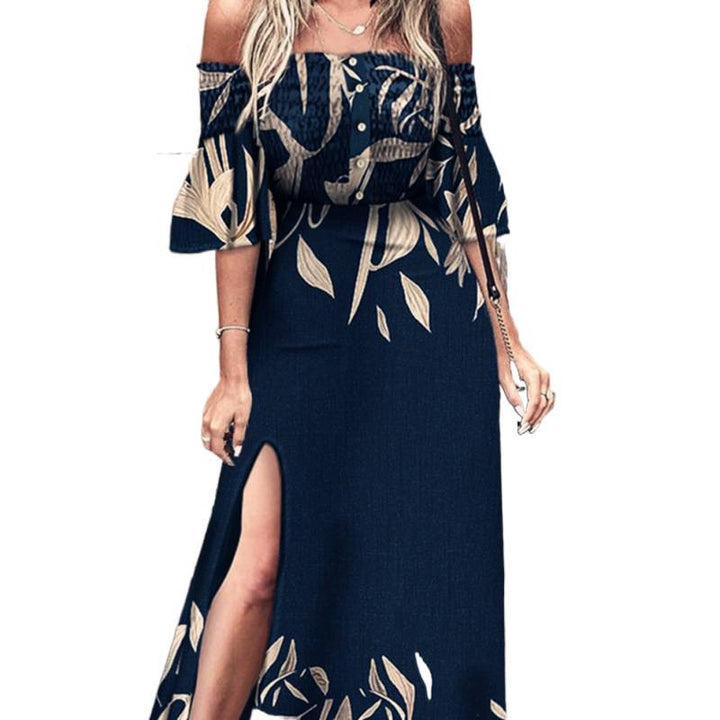 Damska maxikjol med off-shoulder design och eleganta blommönsterdetaljer Mirla-Eva Jonsson