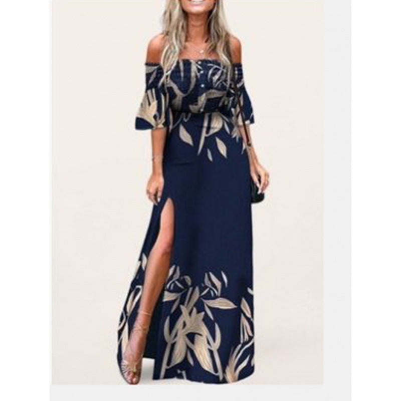 Damska maxikjol med off-shoulder design och eleganta blommönsterdetaljer Mirla-Eva Jonsson