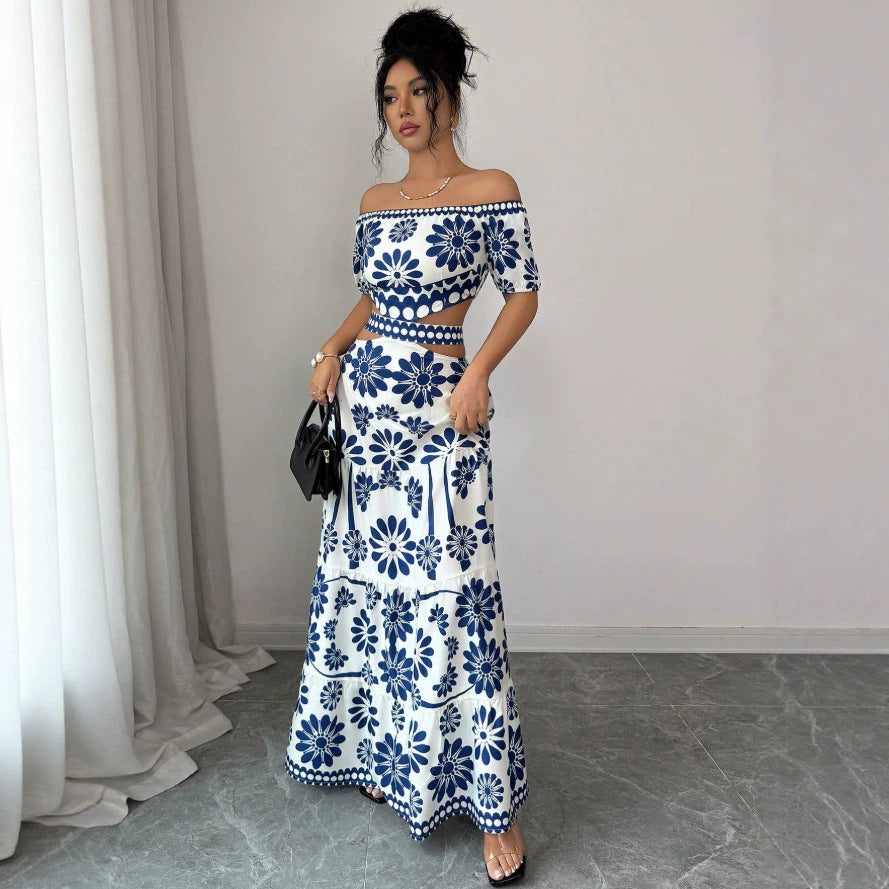 Damska maxiklänning med blommönster och trendig off-shoulder-cutout Mirla-Eva Jonsson