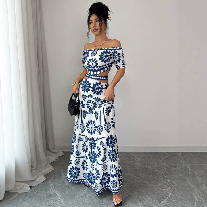 Damska maxiklänning med blommönster och trendig off-shoulder-cutout Mirla-Eva Jonsson