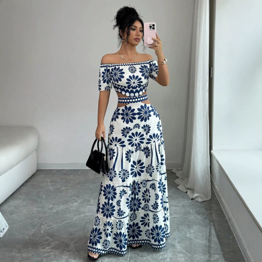 Damska maxiklänning med blommönster och trendig off-shoulder-cutout Mirla-Eva Jonsson