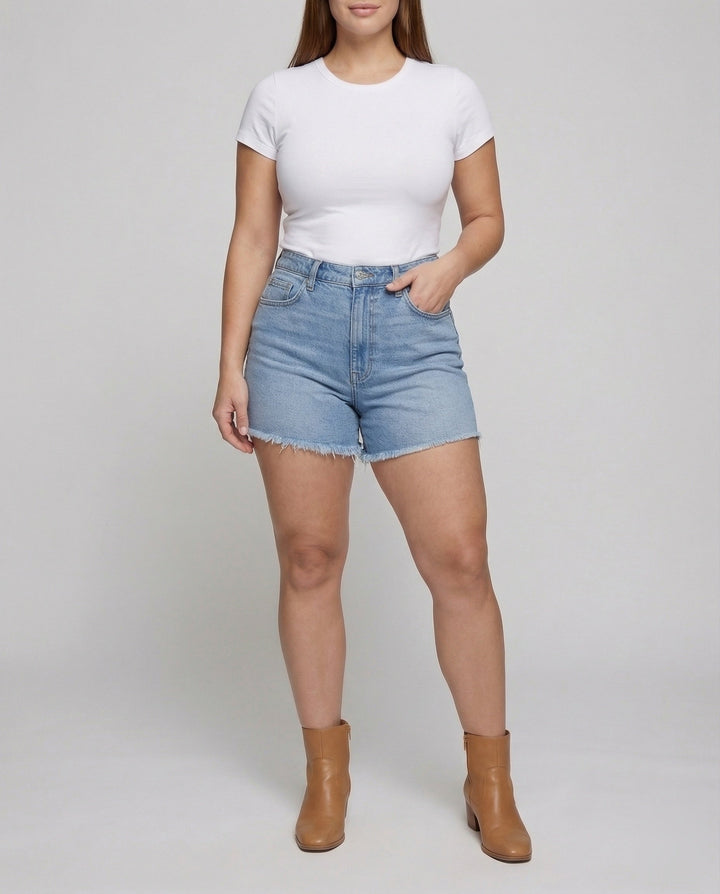 Damska midjeformande jeansshorts fransad nederkant-Eva Jonsson