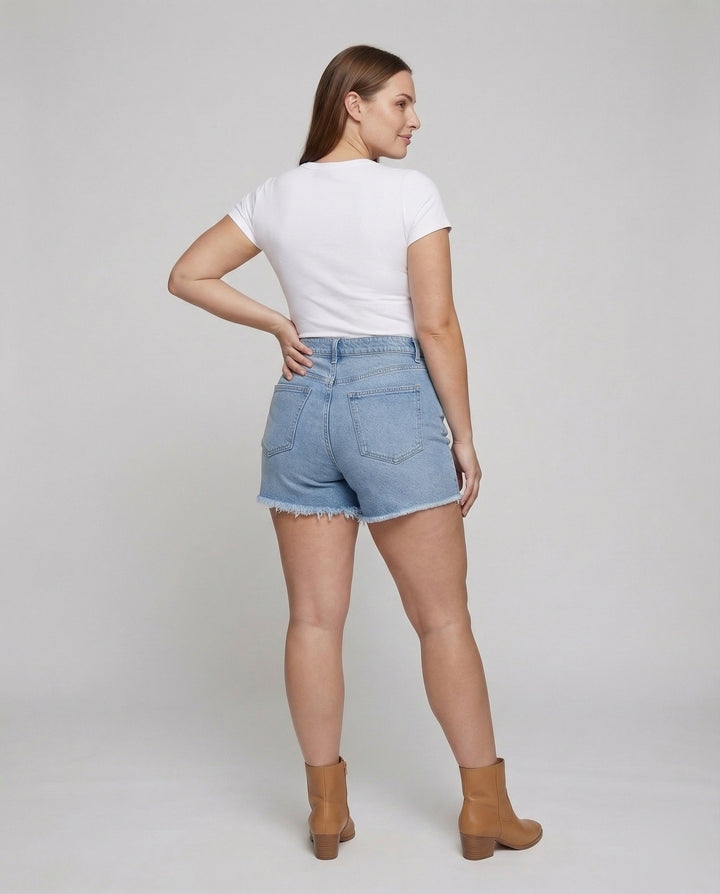 Damska midjeformande jeansshorts fransad nederkant-Eva Jonsson