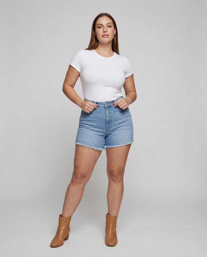 Damska midjeformande jeansshorts fransad nederkant-Eva Jonsson