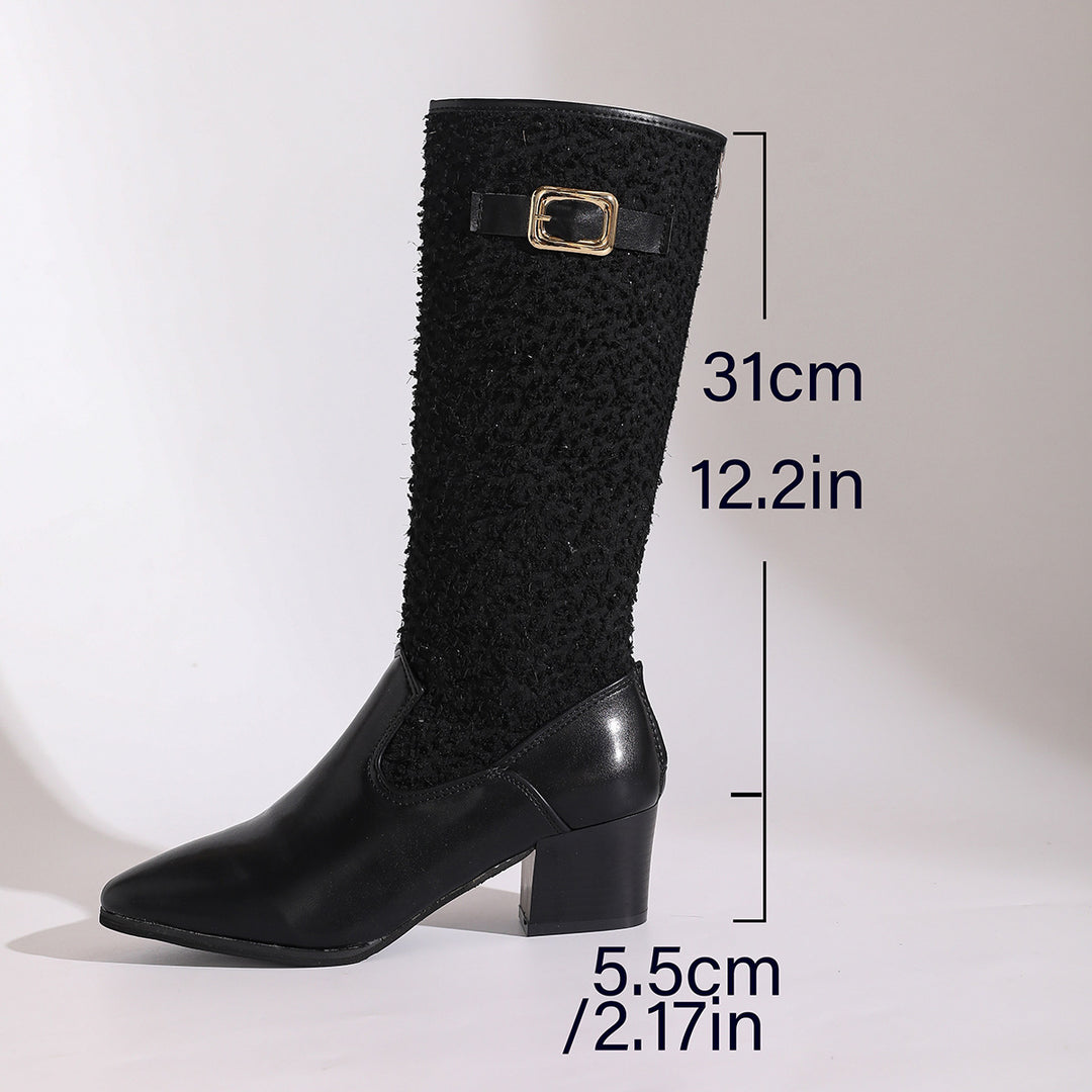 Damska modiska knähöga stövlar med elegant stickmönster och bekväm blockklack Mirla-Eva Jonsson