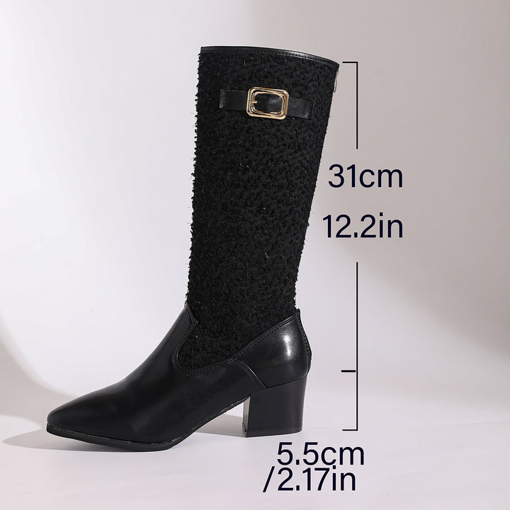 Damska modiska knähöga stövlar med elegant stickmönster och bekväm blockklack Mirla-Eva Jonsson