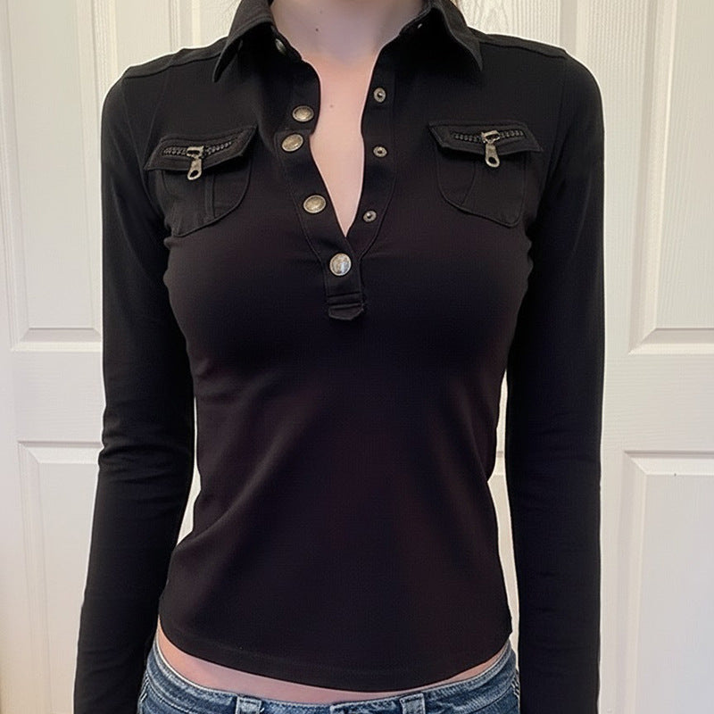 Damska polo shirt med stiliga fickor och eleganta tryckknappar Mirla-Eva Jonsson