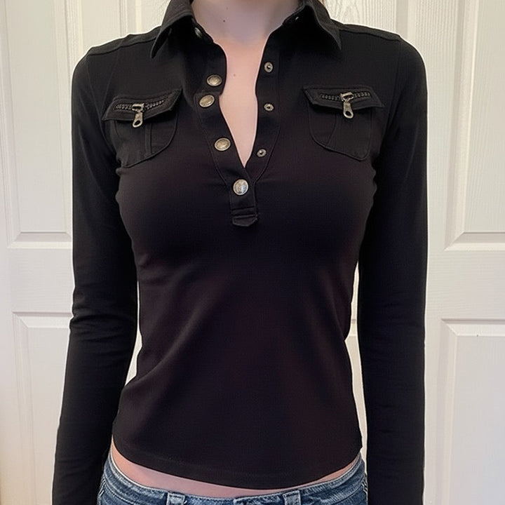 Damska polo shirt med stiliga fickor och eleganta tryckknappar Mirla-Eva Jonsson