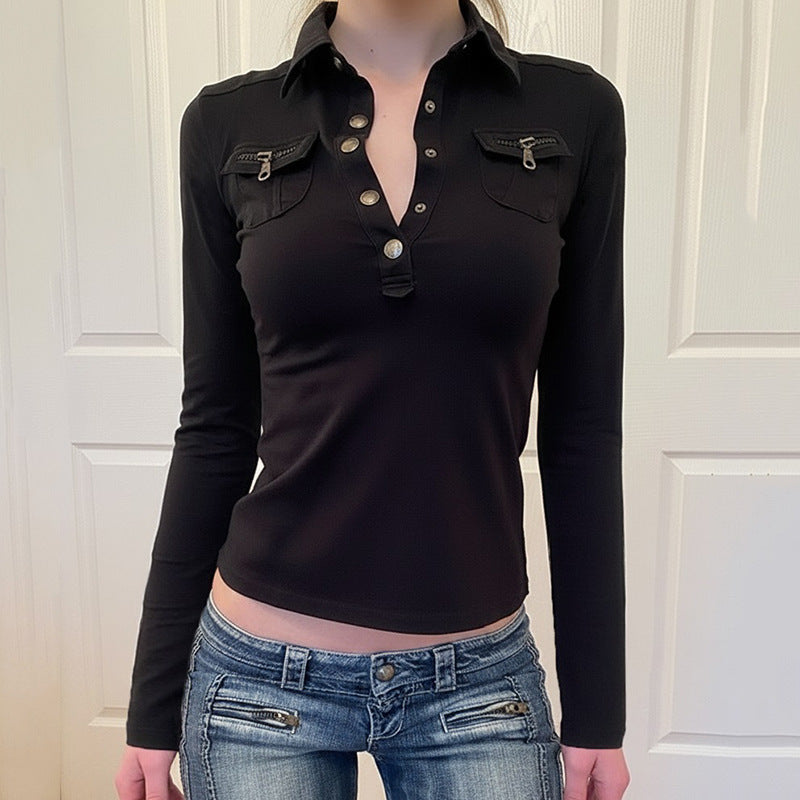 Damska polo shirt med stiliga fickor och eleganta tryckknappar Mirla-Eva Jonsson