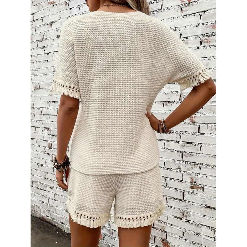 Damska stickade shorts och överdel set med fransar Mirla-Eva Jonsson