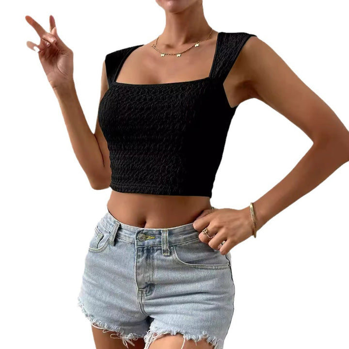 Damskt fashion crop top med fyrkantig halsringning och strukturerat övermaterial Mirla-Eva Jonsson