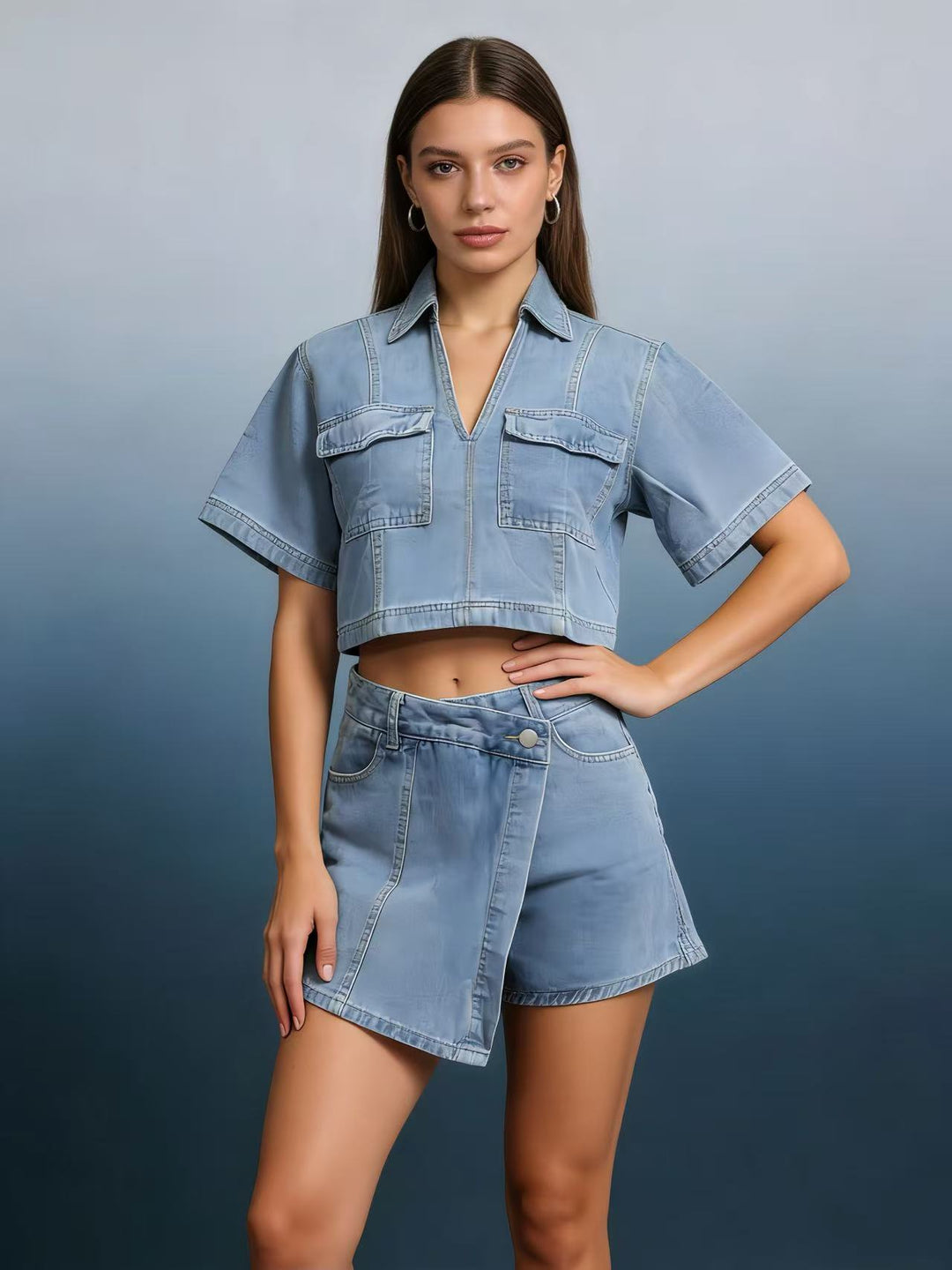 Damskt modernt cropped skjorta med påsydda fickor och avslappnade shorts Mirla-Eva Jonsson