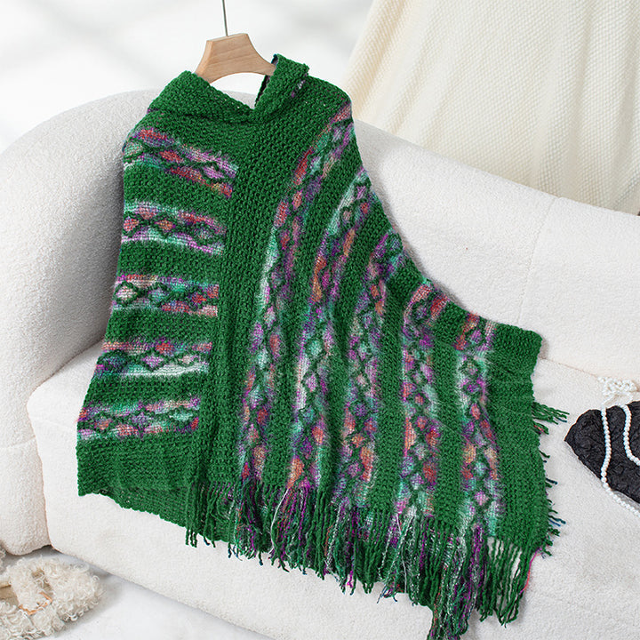 Damsstickad poncho med huva och fransig design Eva Jonsson-Eva Jonsson