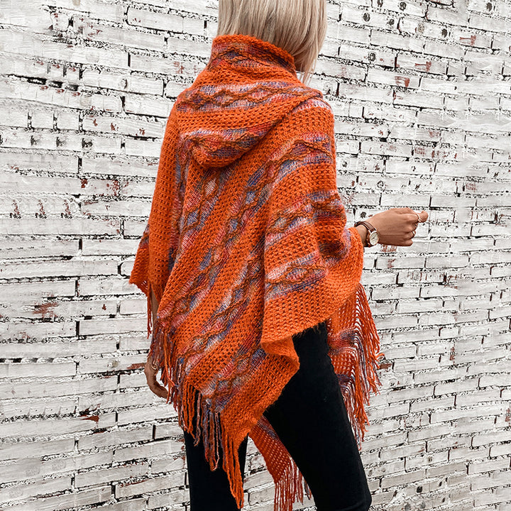 Damsstickad poncho med huva och fransig design Eva Jonsson-Eva Jonsson