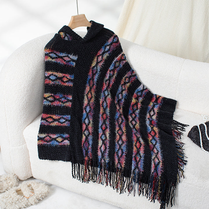 Damsstickad poncho med huva och fransig design Eva Jonsson-Eva Jonsson