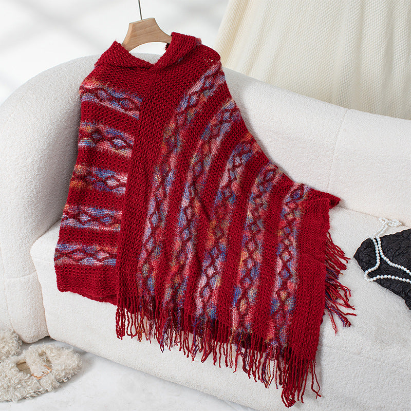 Damsstickad poncho med huva och fransig design Eva Jonsson-Eva Jonsson