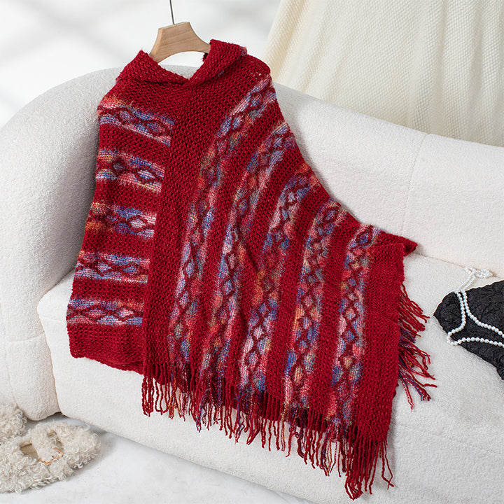 Damsstickad poncho med huva och fransig design Eva Jonsson-Eva Jonsson