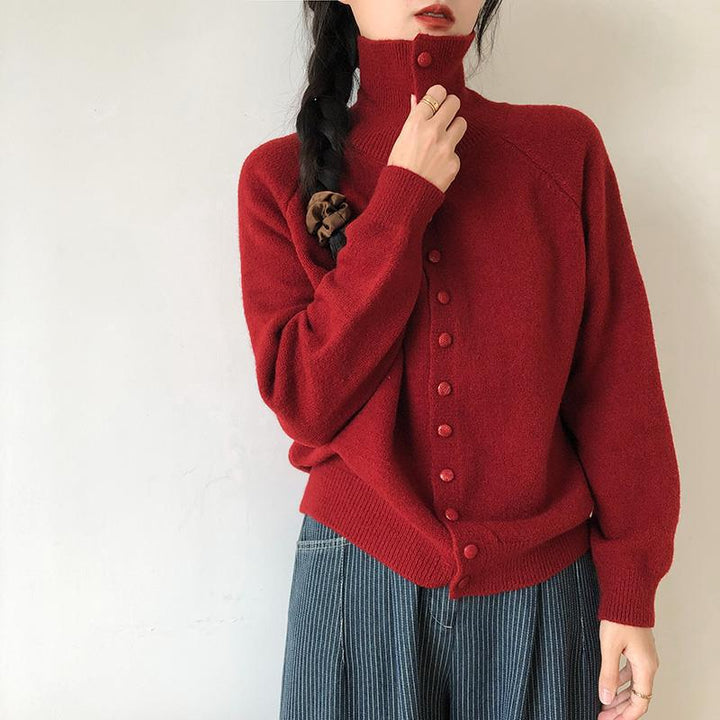 Damstickad Jacka med Modern Rullkrage och Knapdetails Eva Jonsson-Eva Jonsson
