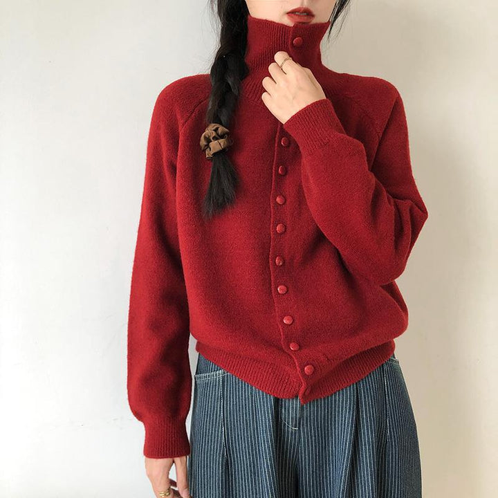 Damstickad Jacka med Modern Rullkrage och Knapdetails Eva Jonsson-Eva Jonsson