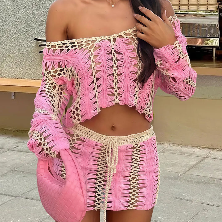 Damstickad crop top och kjolset med unikt virkmönster Mirla-Eva Jonsson