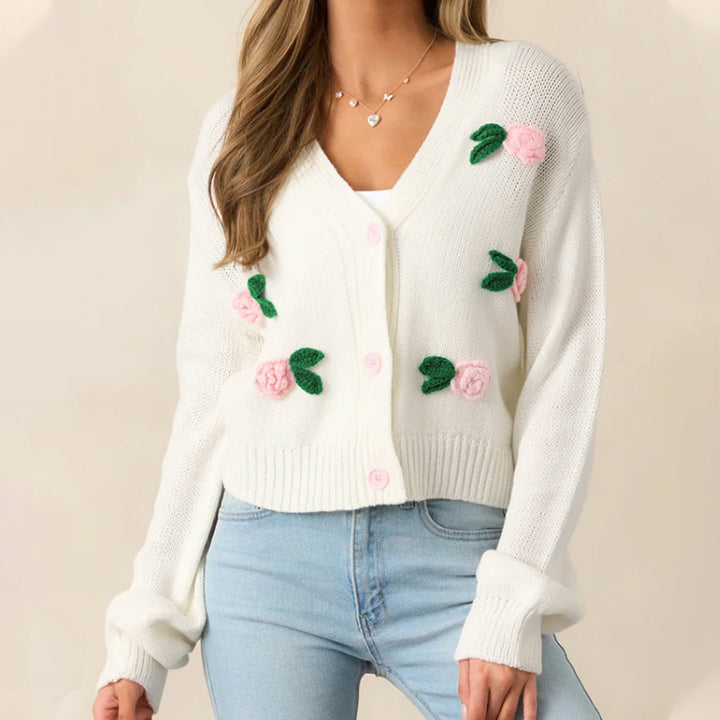 Damstickad jacka med florala applikationer och bekväma knapppdetaljer Eva Jonsson-Eva Jonsson