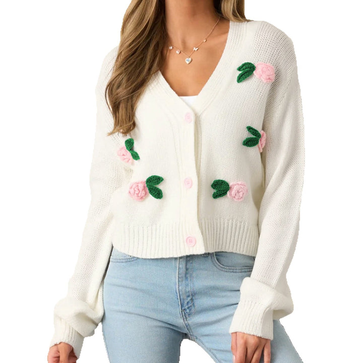 Damstickad jacka med florala applikationer och bekväma knapppdetaljer Eva Jonsson-Eva Jonsson