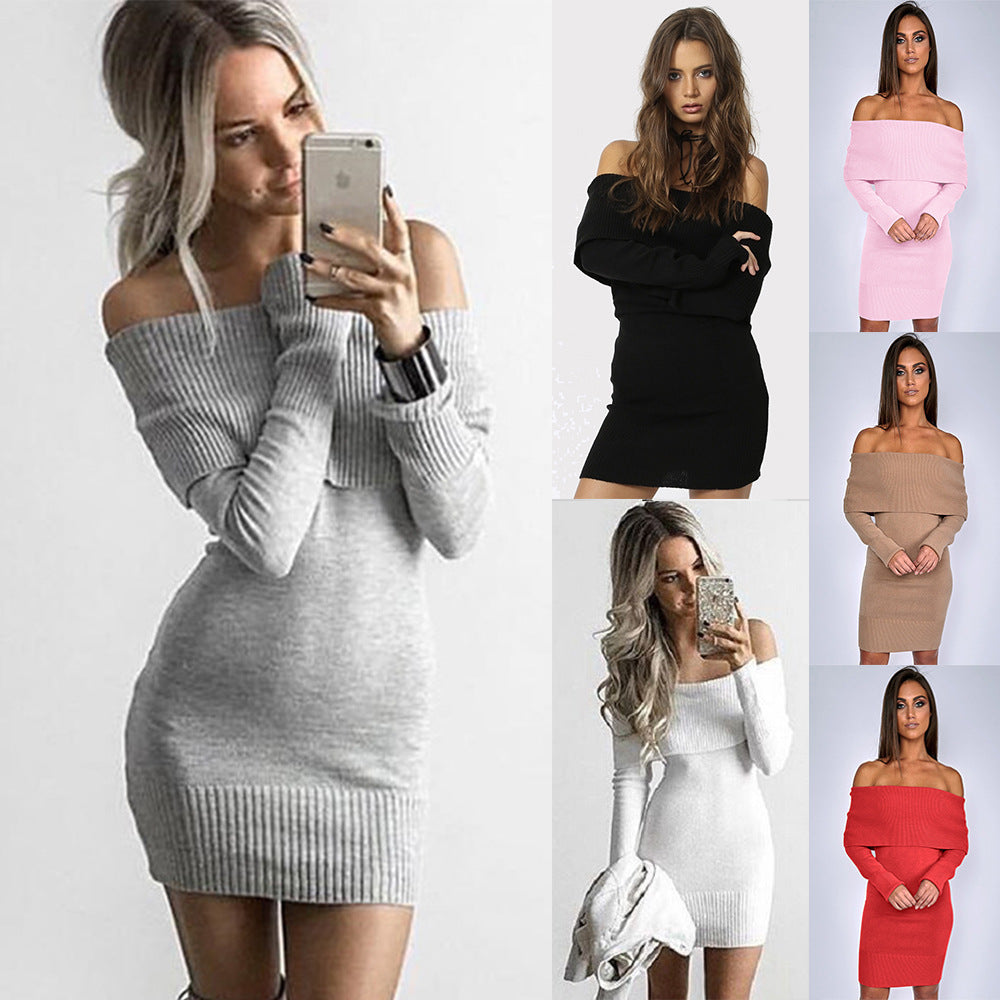 Damstickad klänning med off-shoulder-design och dekorativ dragsko Eva Jonsson-Eva Jonsson