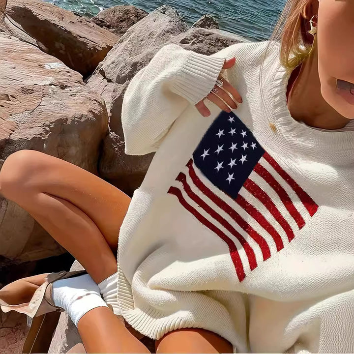 Damstickad tröja med amerikanskt flaggmotiv Mirla-Eva Jonsson