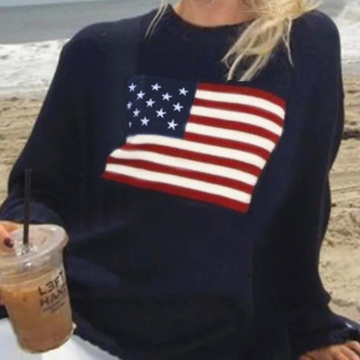 Damstickad tröja med amerikanskt flaggmotiv Mirla-Eva Jonsson