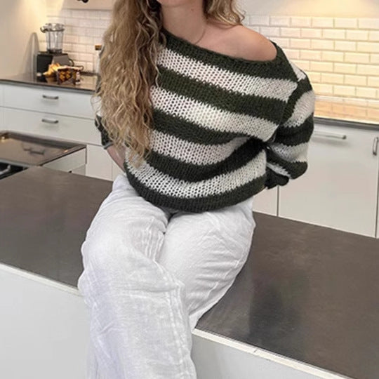 Damstickad tröja med bred randig mönster och voluminösa ärmar Eva Jonsson-Eva Jonsson
