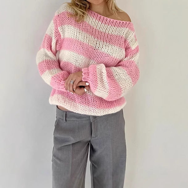 Damstickad tröja med bred randig mönster och voluminösa ärmar Eva Jonsson-Eva Jonsson