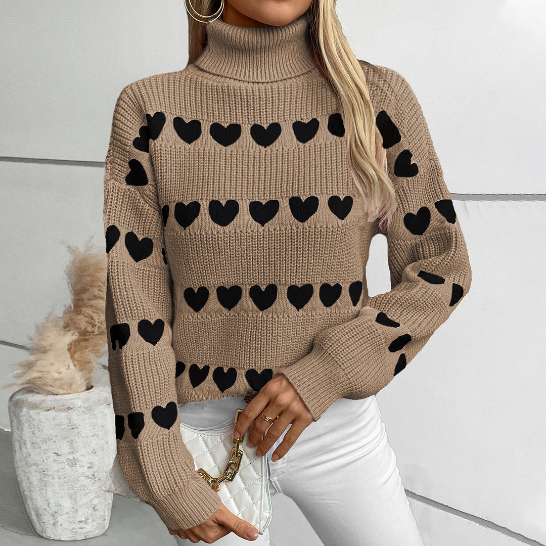 Damstickad tröja med hjärtmönster och hög krage Mirla-Eva Jonsson